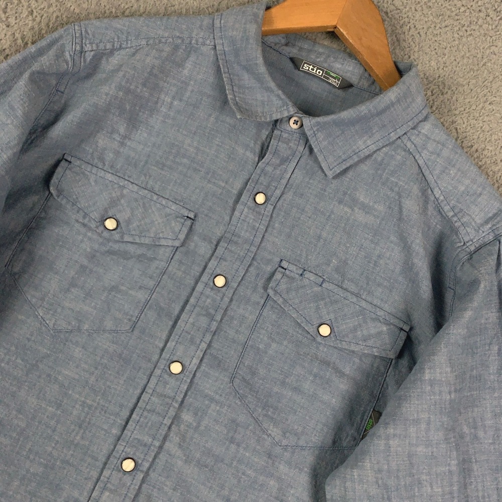 Stio Chambray Shirt Men's Large L Blue Western Snap Long Sleeve Organic Cotton